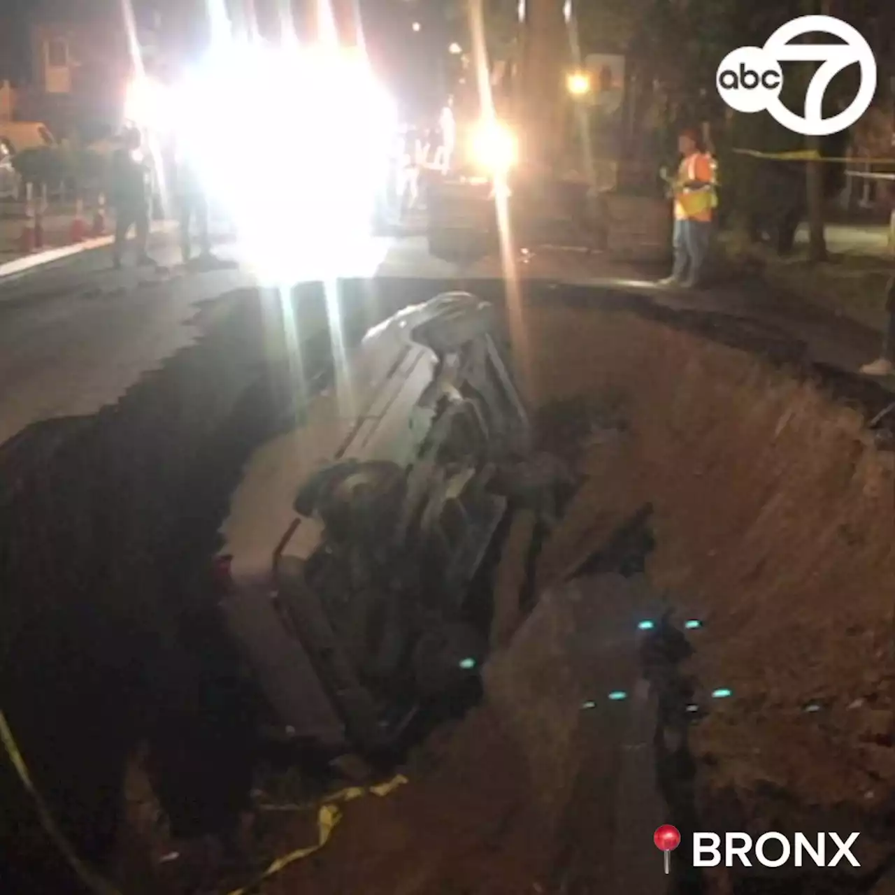 Crews work to repair giant sinkhole that swallowed Bronx van