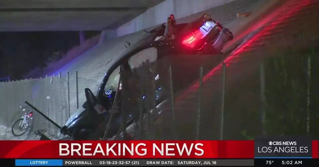 One dead, one in critical condition after car goes off 105 Freeway embankment in Lynwood