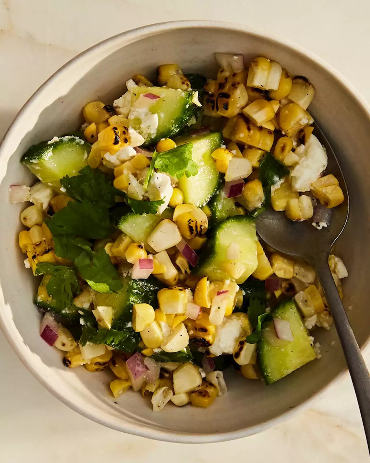 Grilled Corn Salad with Feta, Cucumbers, and Red Onion