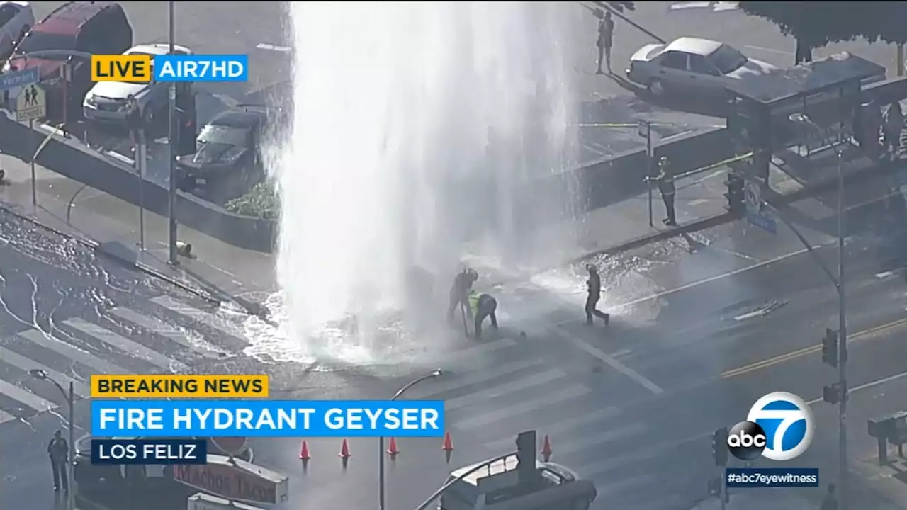 Broken hydrant sends water geyser over Los Feliz intersection