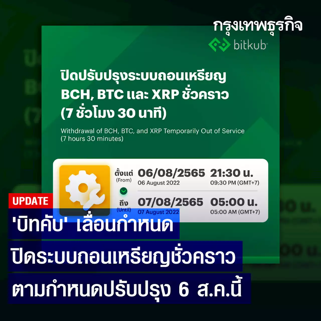 ‘บิทคับ’ เลื่อนกำหนด ปิดระบบถอนเหรียญชั่วคราว ตามกำหนดปรับปรุง 6 ส.ค.นี้