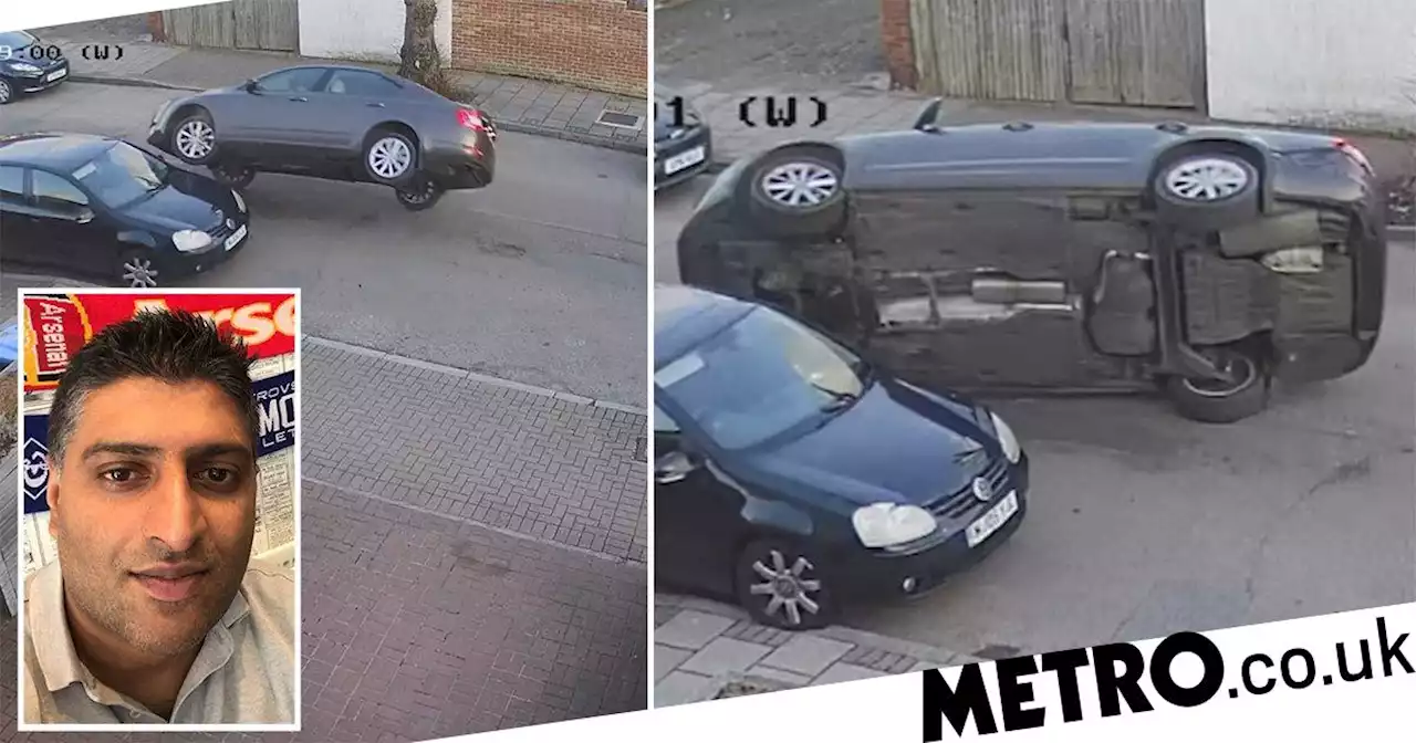 Skoda driver manages to flip his car by hitting parked vehicle on empty street