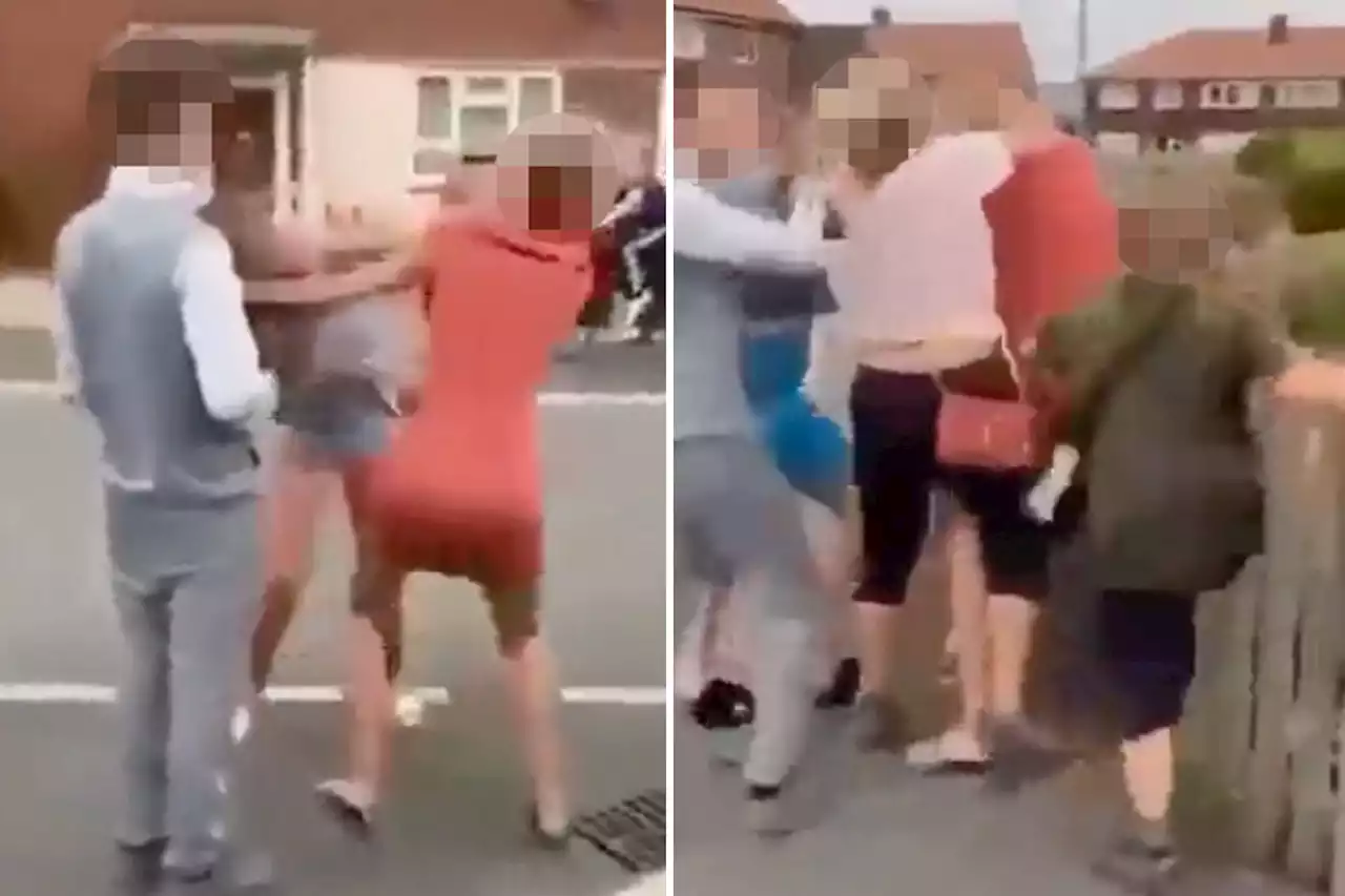 Women fight barefoot in street in 'Shameless-style' brawl as kid joins in