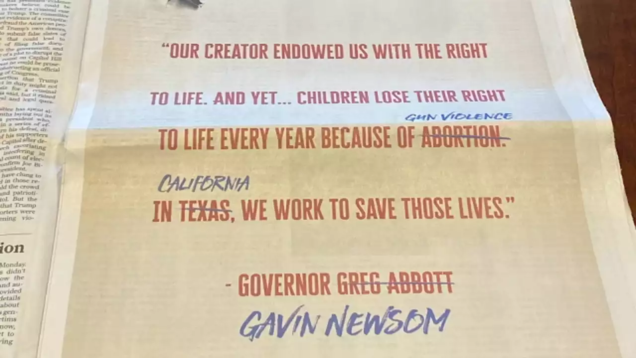 Newsom takes jab at Texas governor's stance on guns, abortion with full-page ad