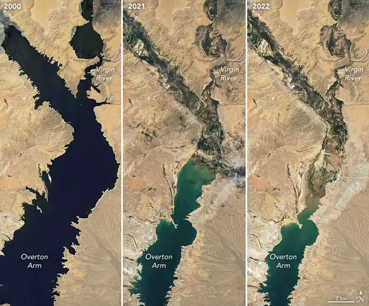 Satellite images from NASA show water loss at Lake Mead since 2000