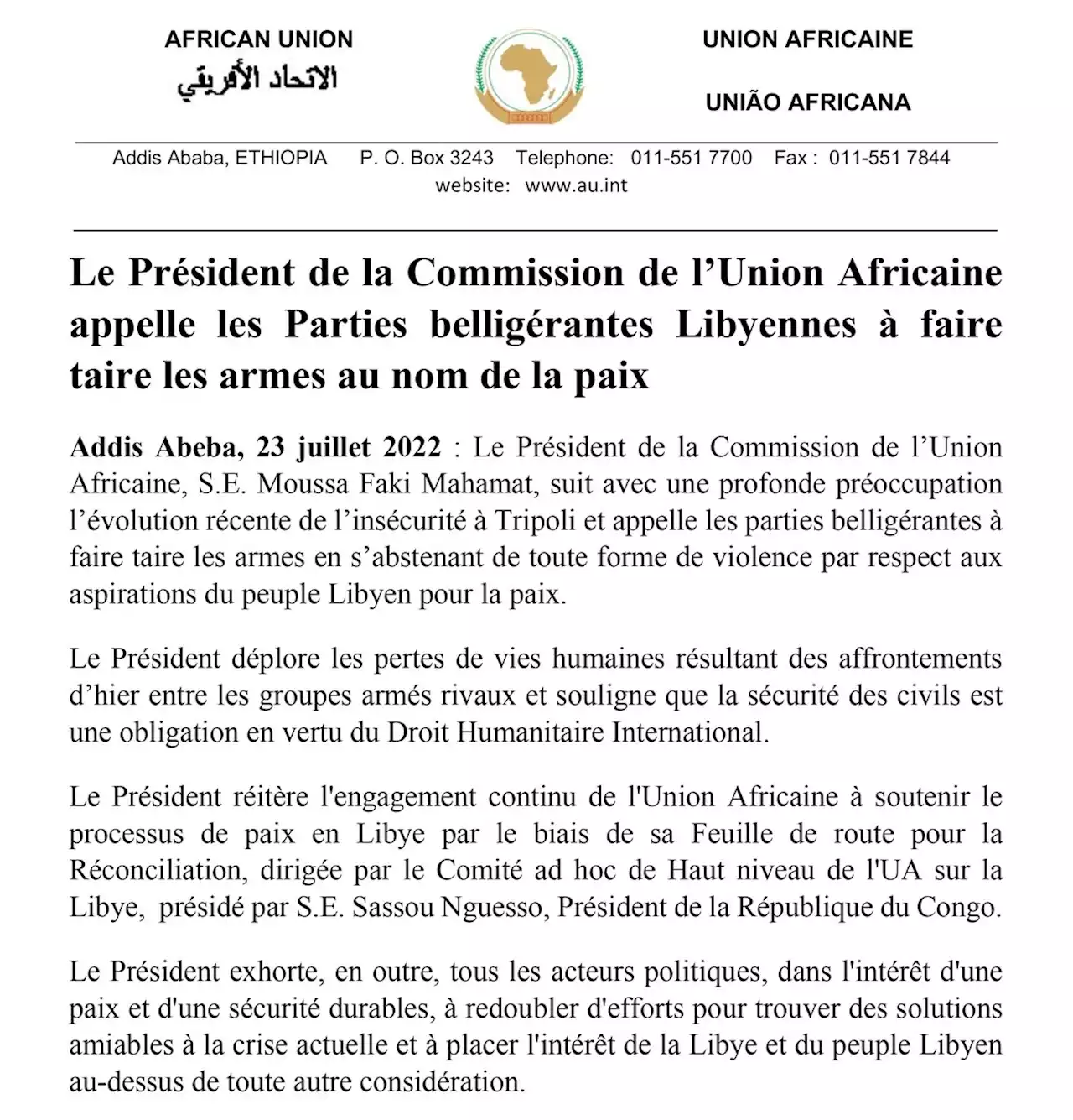 Le Président de la Commission de l’Union Africaine appelle les Parties belligérantes Libyennes à faire taire les armes au nom de la paix | Union africaine