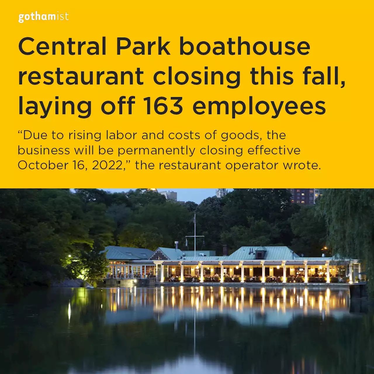 Central Park boathouse restaurant closing this fall, laying off 163 employees