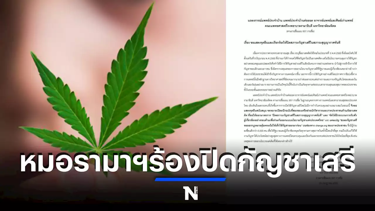 หมอ-ศิษย์เก่ารามาฯ 851 ราย เรียกร้องปิดสภาวะกัญชาเสรีในสภาวะสุญญากาศทันที