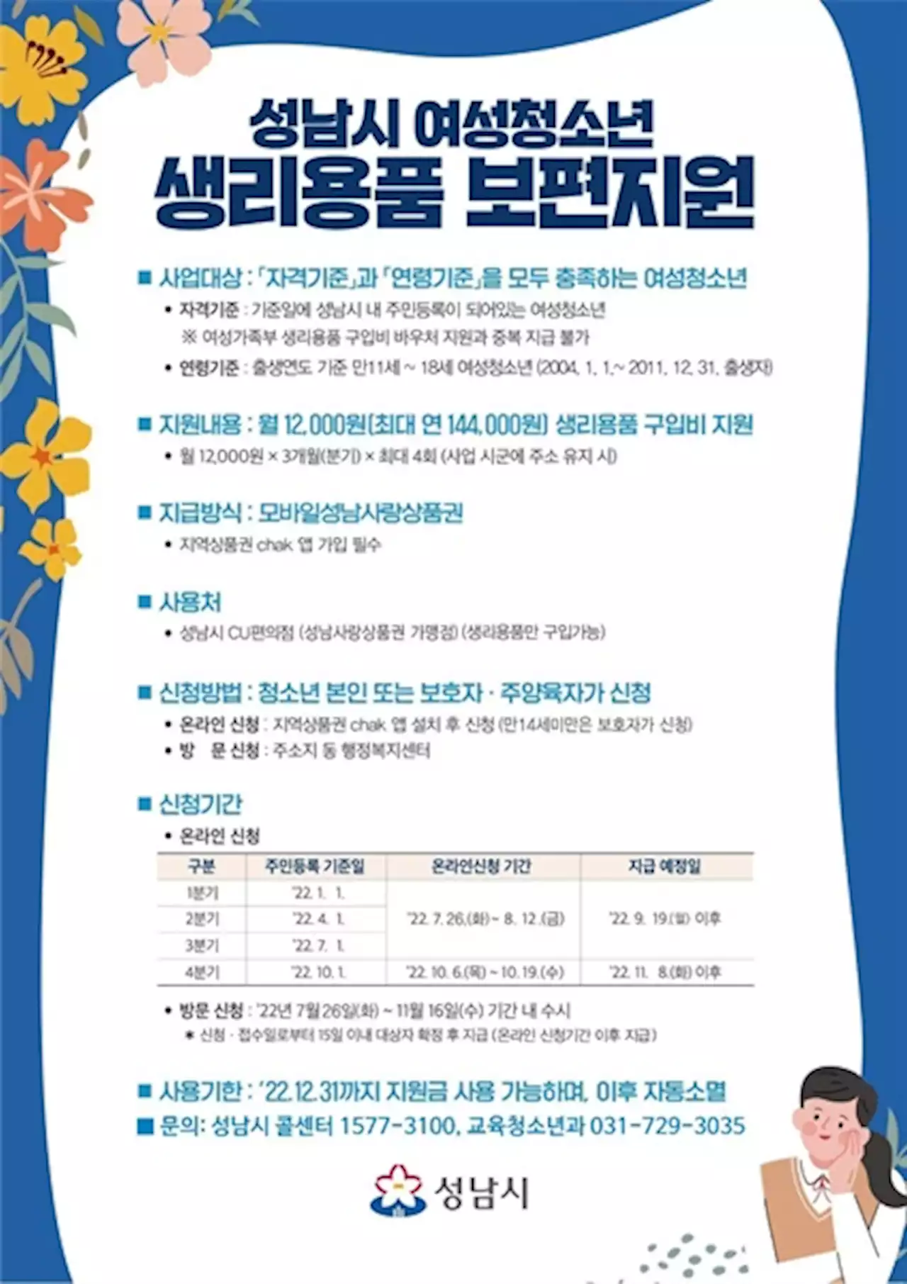 성남시, 여성청소년 생리용품 지원… 월 1만2천원