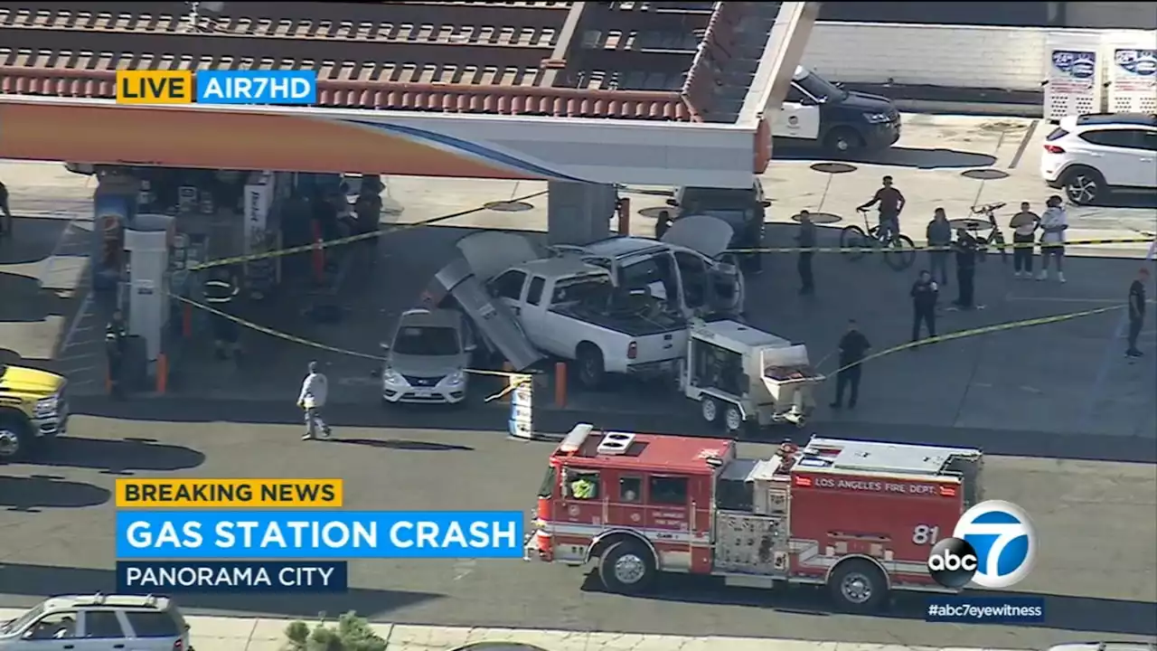 Pickup truck slams into Panorama City gas station; 7 sent to hospital, authorities say