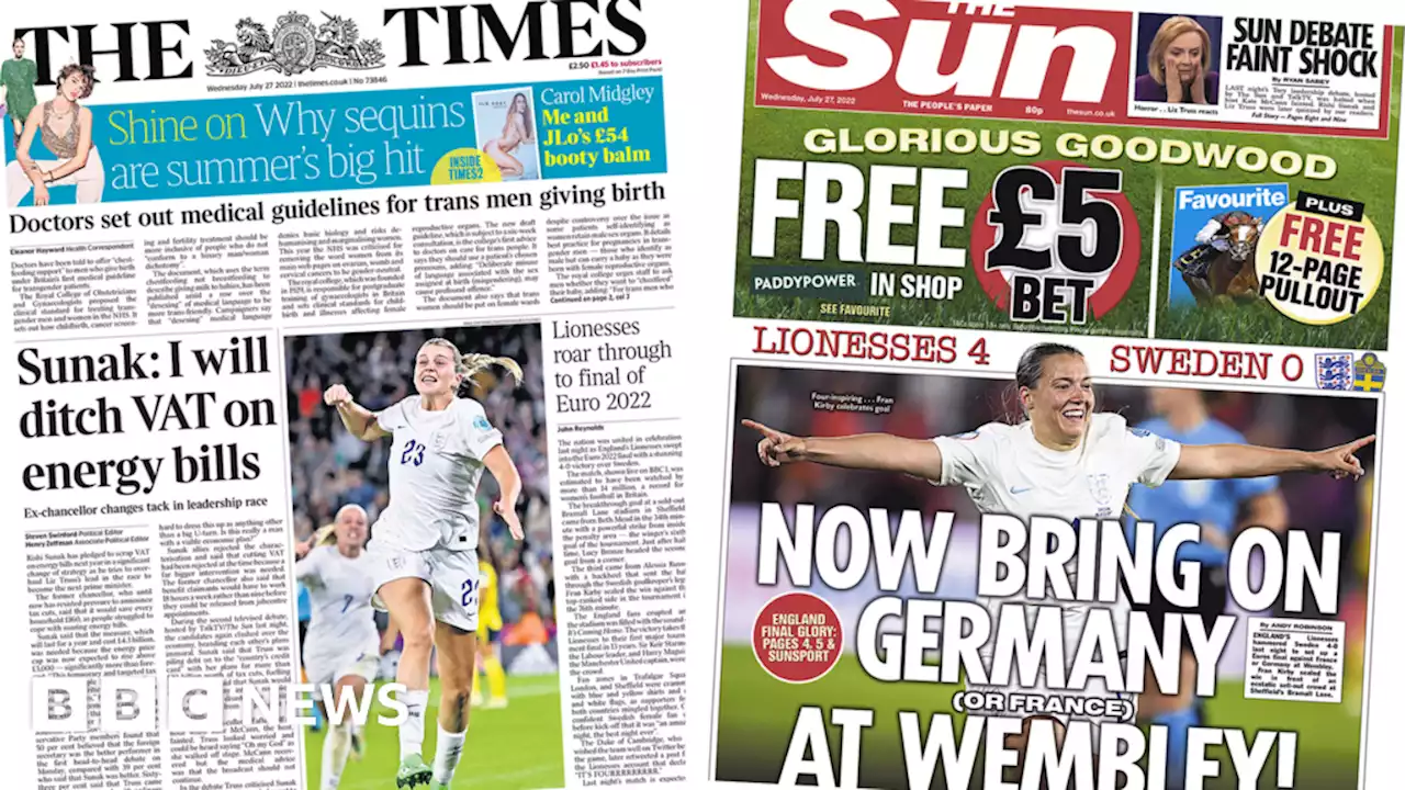 Newspaper headlines: Sunak VAT cut pledge and 'Roarsome Lionesses' into final