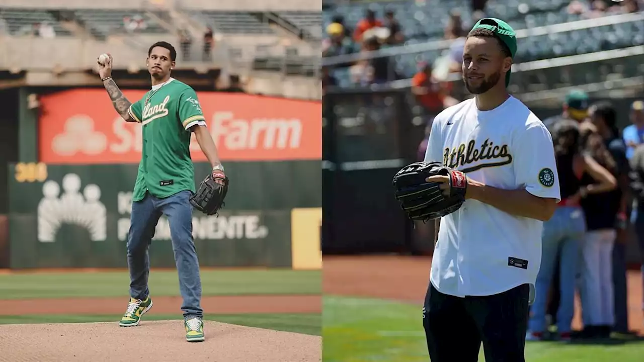 Juan Toscano se burla de Stephen Curry tras lanzar la primera bola con los Athletic's Oakland