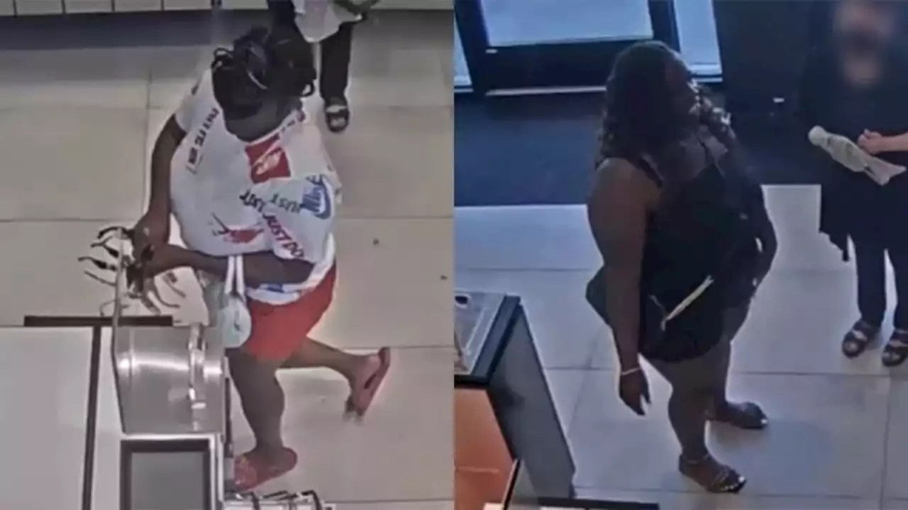 Woman distracts store employee while other woman takes Versace sunglasses, surveillance video shows