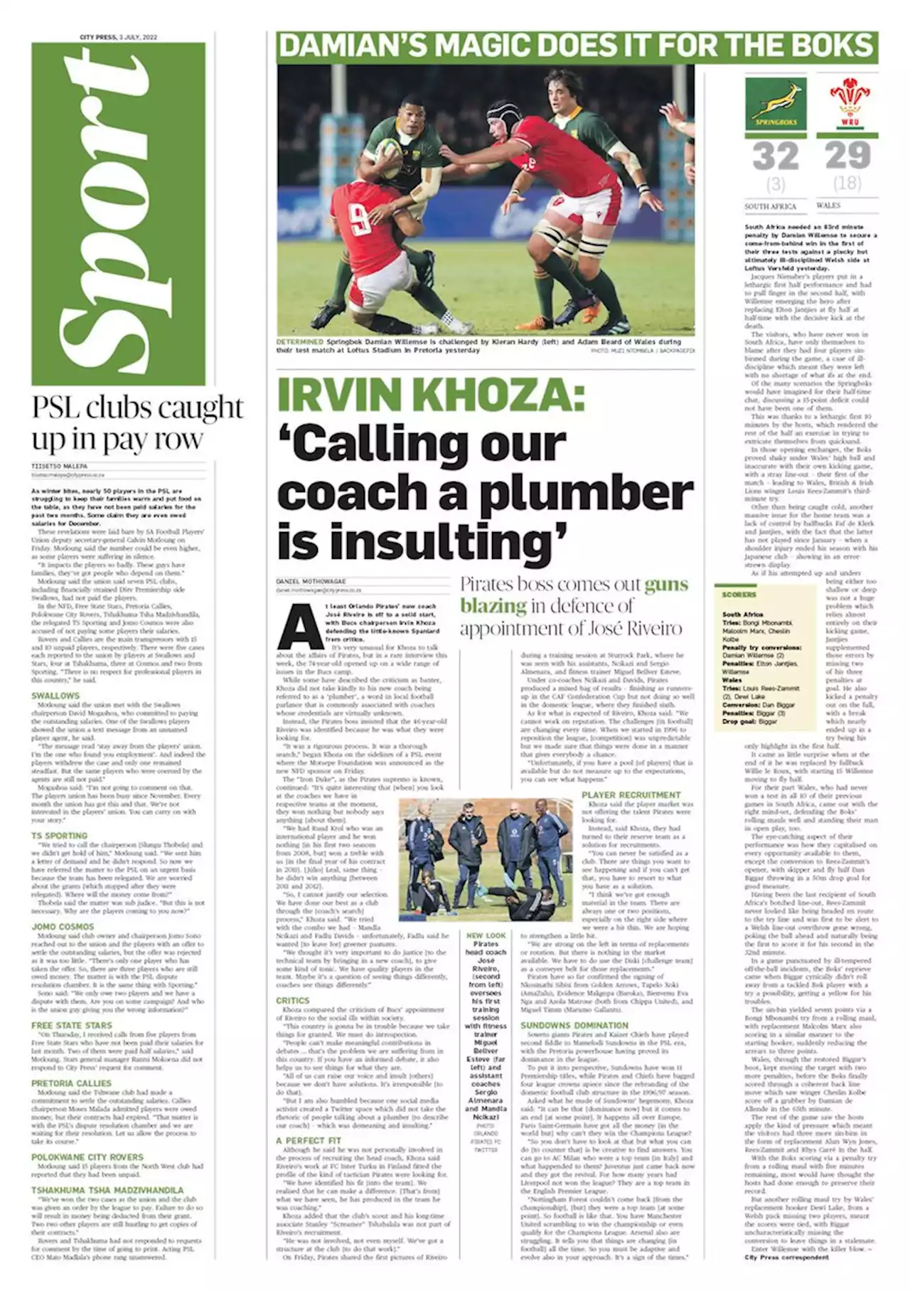 What’s in City Press Sport: PSL clubs caught up in pay row | Khoza: Calling our coach a plumber is insulting | Damian’s magic boot does it for Boks | Citypress