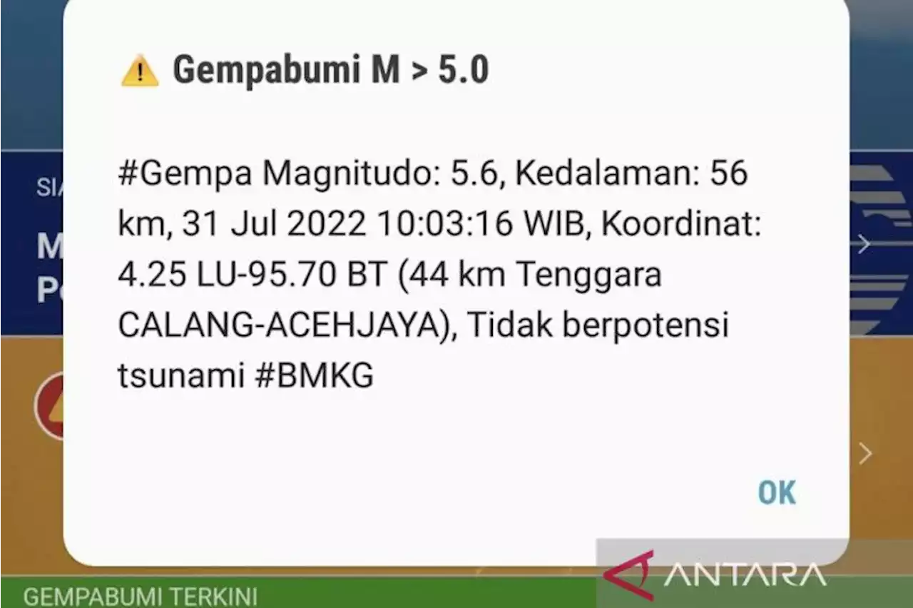 Gempa bumi bermagnitudo 5,6 guncang Aceh Jaya