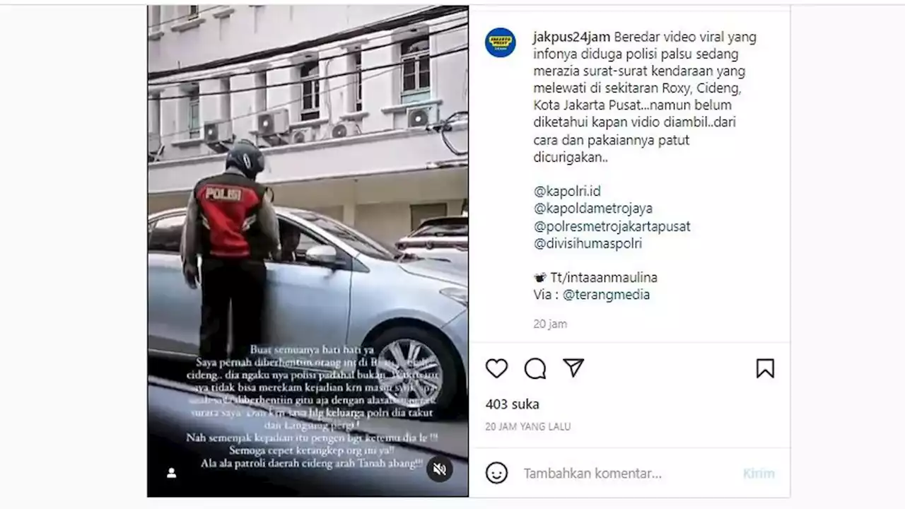 Polda Metro Selidiki Video Viral Diduga Polisi Gadungan Setop Mobil di Kawasan Roxy