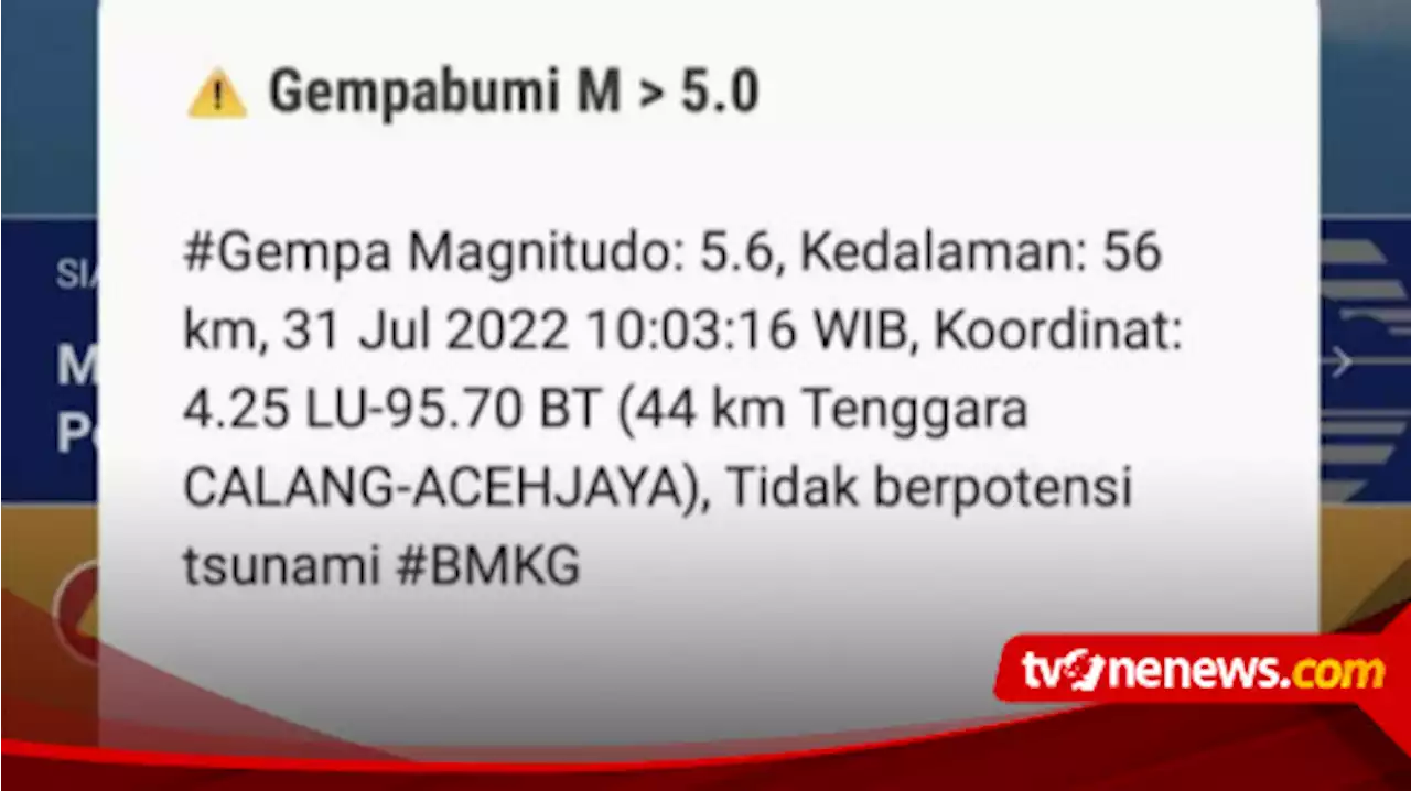 Gempa Bumi Bermagnitudo 5,6 Guncang Aceh Jaya