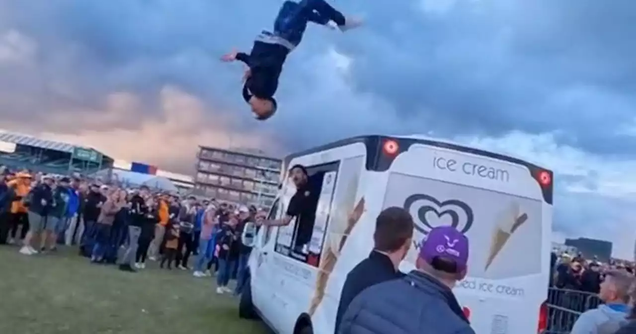 Moment young lad attempts backflip off van to crowd at Silverstone