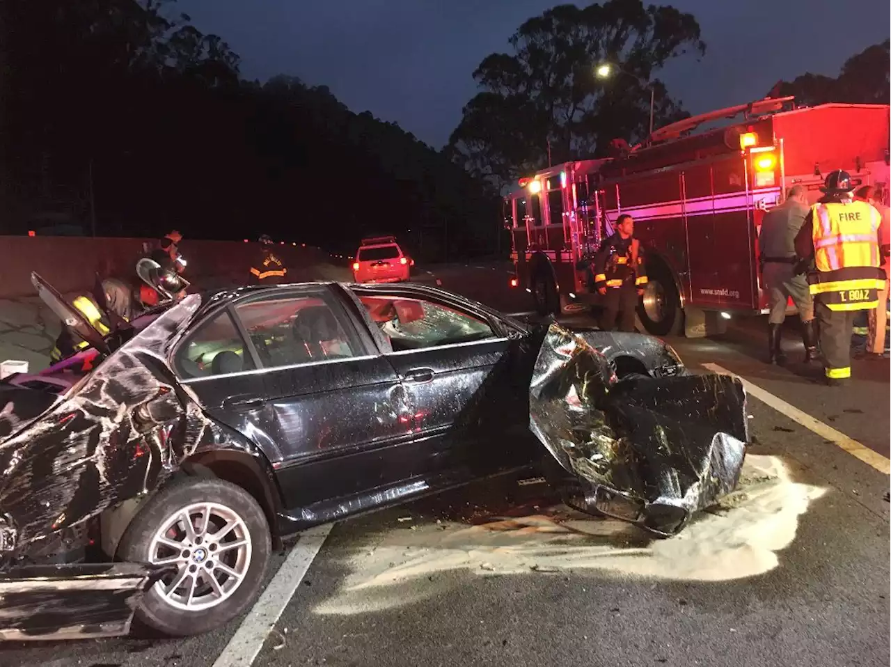 Vehicle rolls over, catches fire, critically injuring occupant in Sausalito