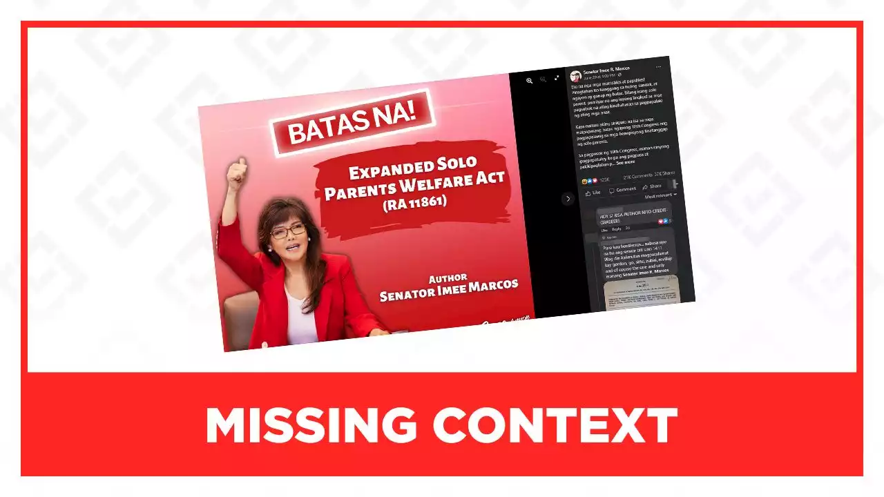 MISSING CONTEXT: Imee Marcos authored the 'Expanded Solo Parents Welfare Act'