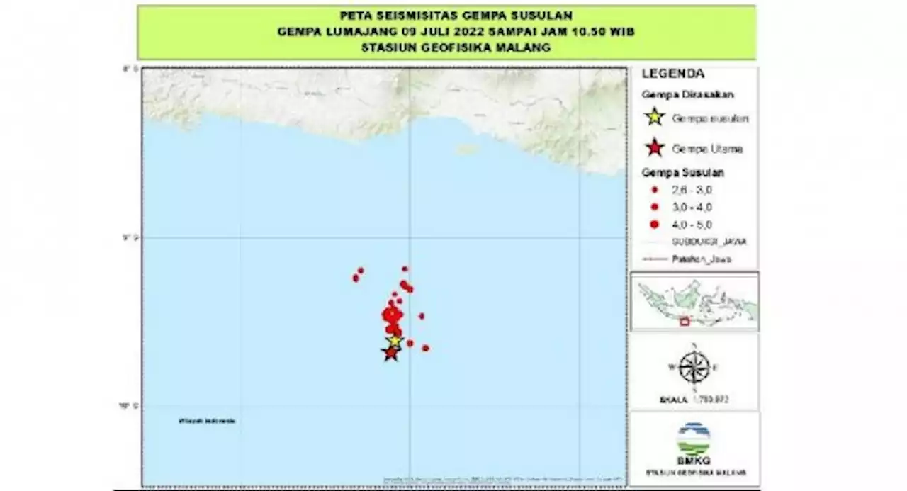 Gempa Susulan di Selatan Jawa Timur 34 Kali