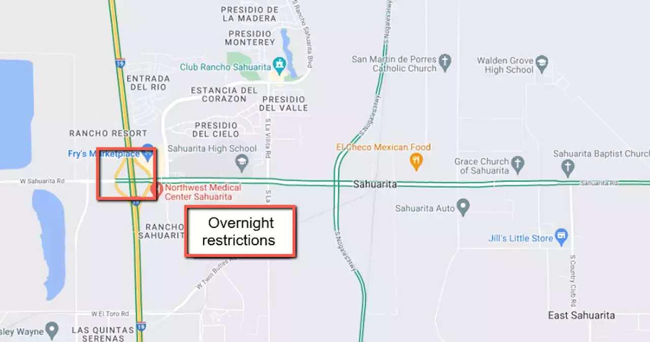 Overnight restrictions planned on north- andsouthbound Interstate 19 in Sahuarita Thursday, Aug. 10