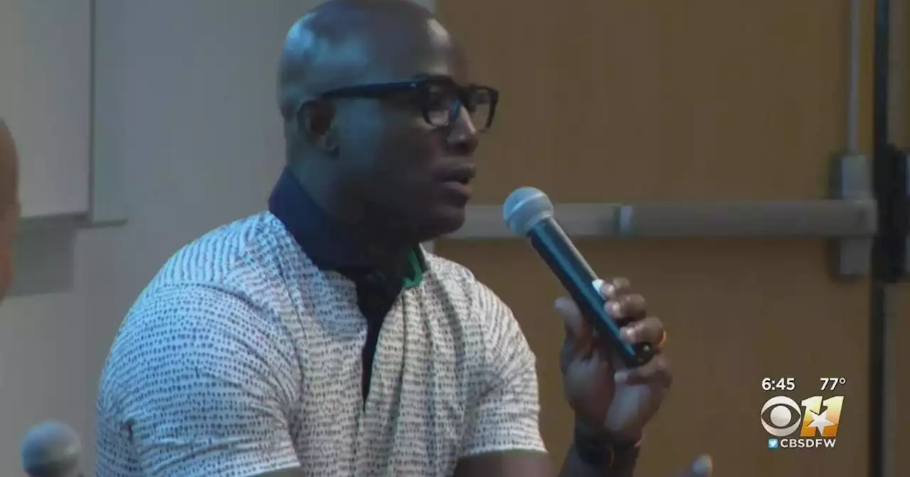 Cowboys legend DeMarcus Ware gives a motivational message to local college interns