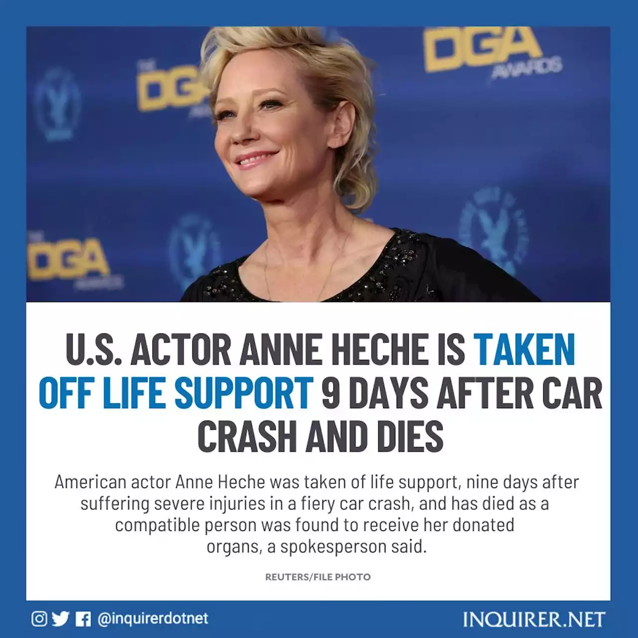 U.S. actor Anne Heche is taken off life support 9 days after car crash and dies