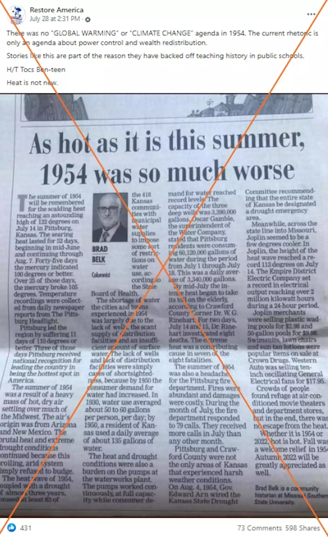 Record heat in 1954 does not disprove global warming