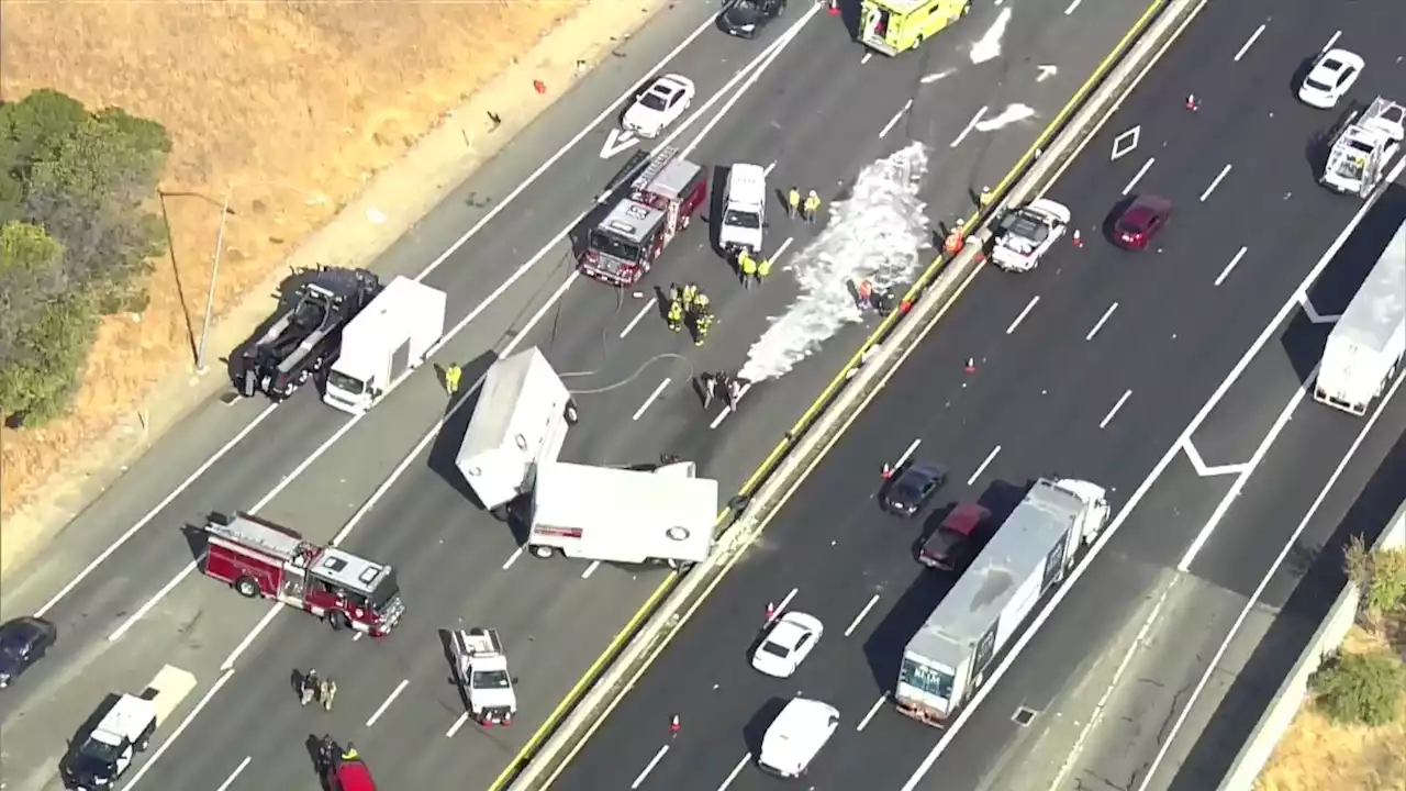 Big rig pile-up shuts down southbound lanes of Highway 680 in Martinez