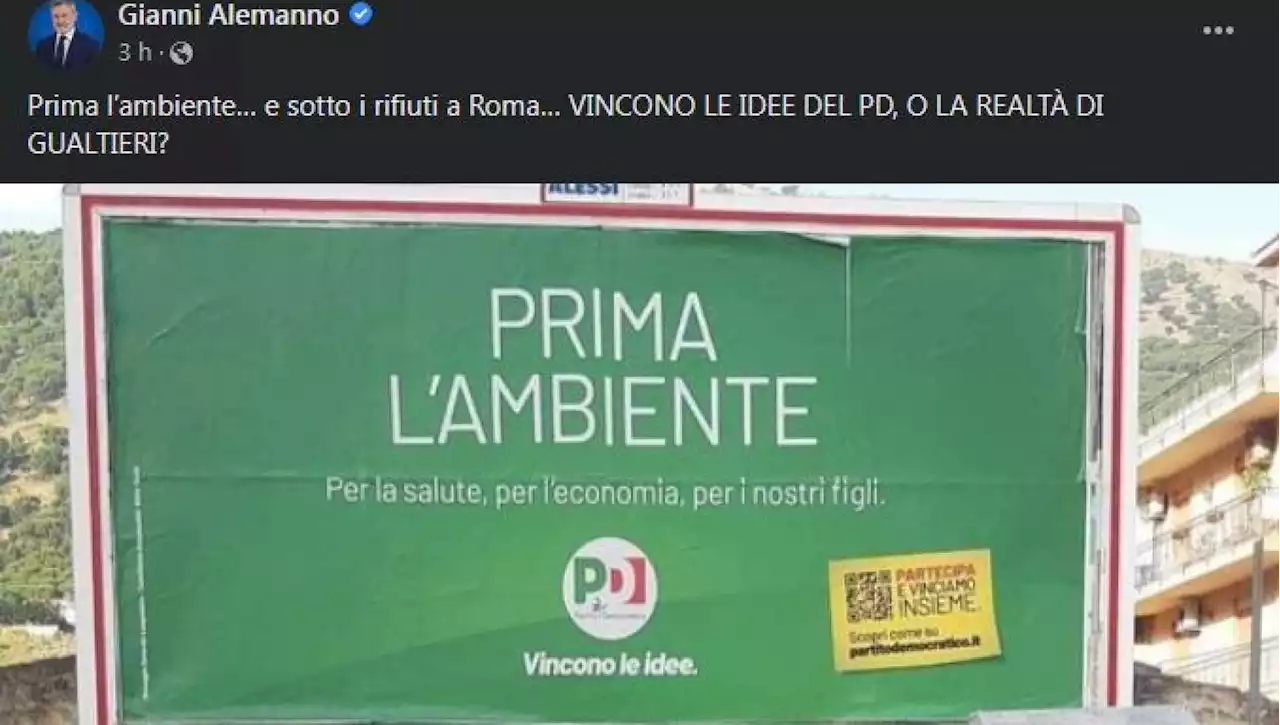 L'ex sindaco Alemanno attacca Gualtieri e il Pd sui rifiuti, ma posta una foto di Palermo