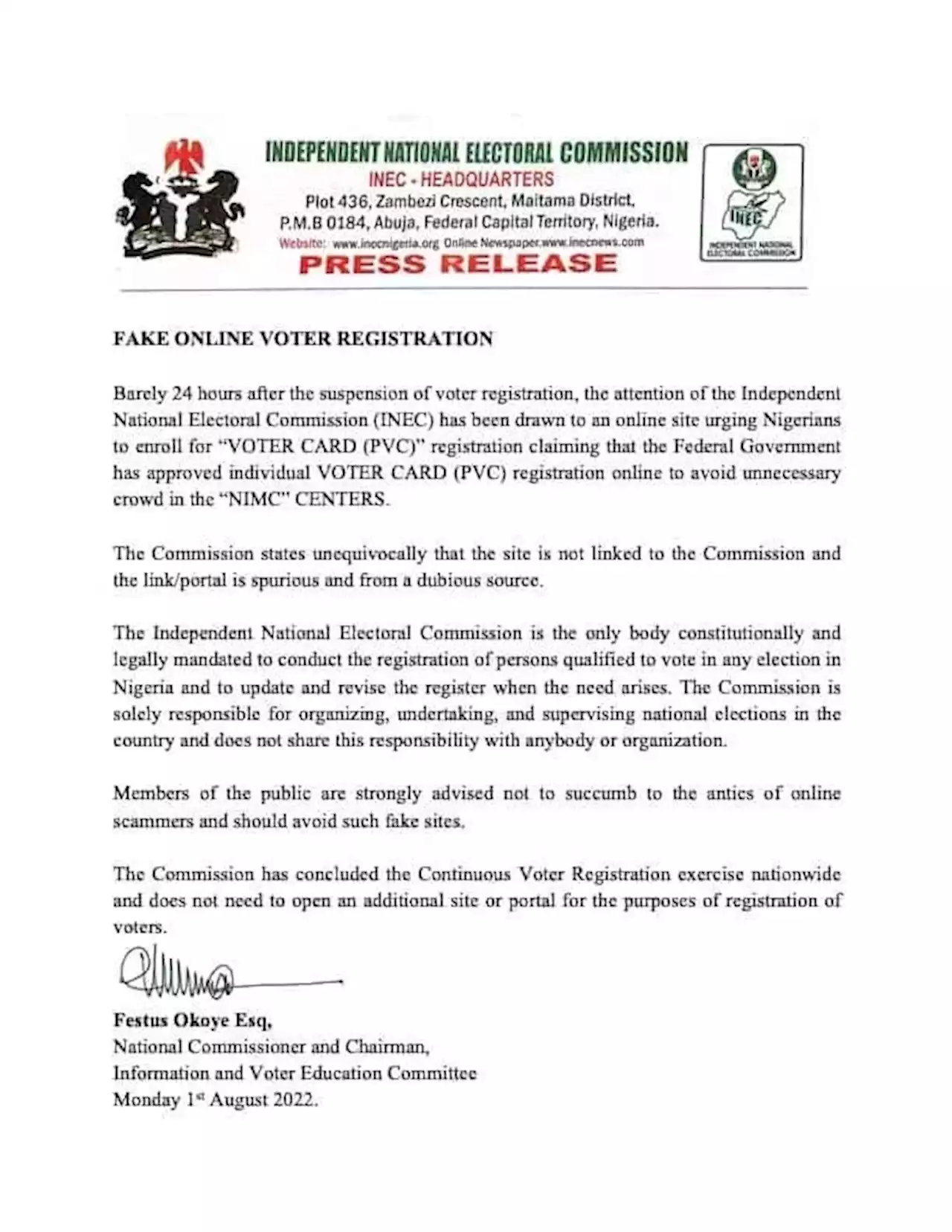 CVR: INEC Disowns Online Voter Registration Website