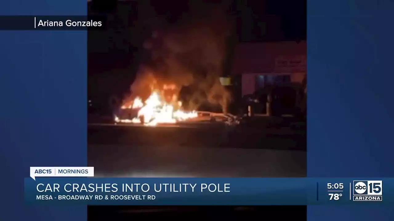 Car goes up in flames after hitting power pole in Mesa