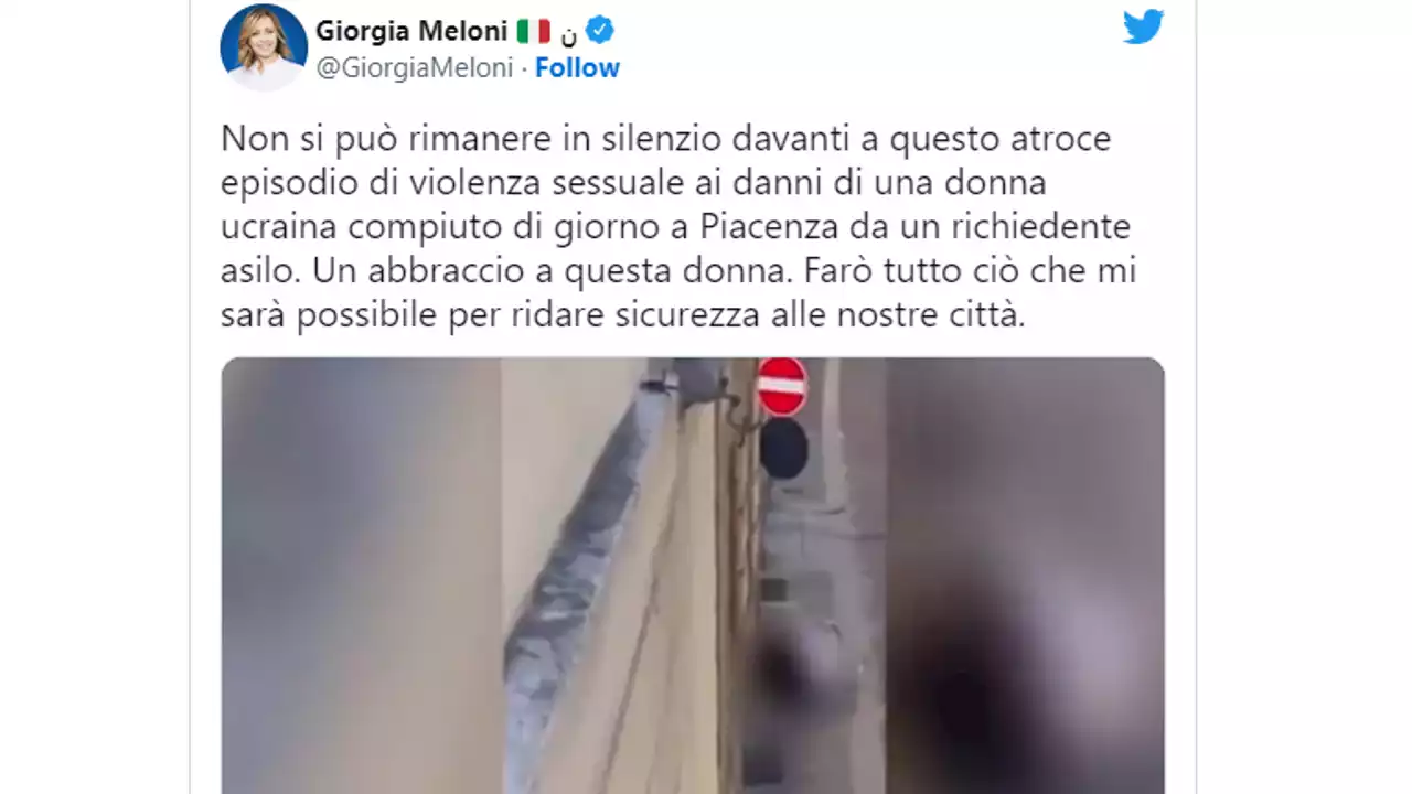 Meloni posta il video dello stupro di Piacenza, esplode la polemica. Letta: “Indecente”. Lei replica: “Bieca propaganda”