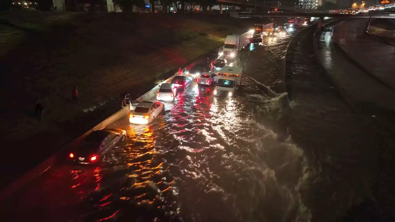 Drone Footage Shows Submerged, Flooded Cars as Drivers Rescued From Highway in Dallas