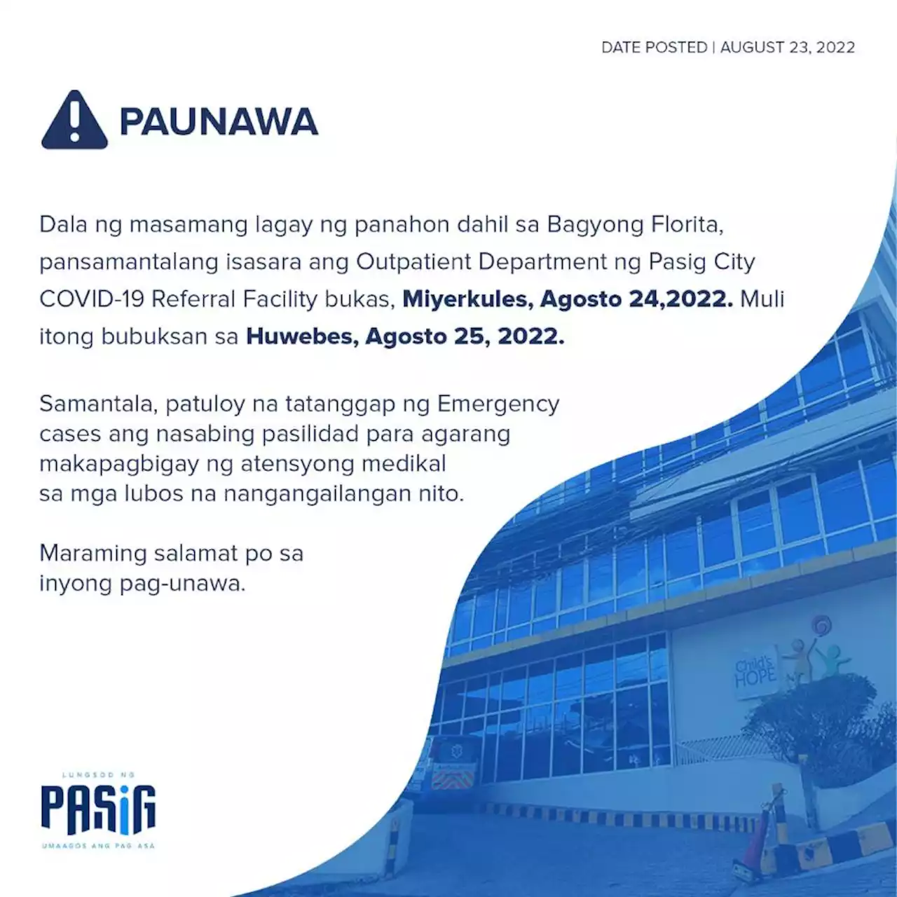 Pasig Covid-19 referral facility's OPD temporarily closes on Aug. 24