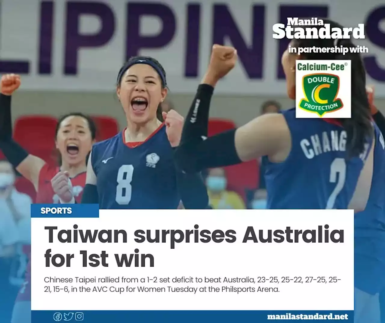 Taiwan surprises Australia for 1st win