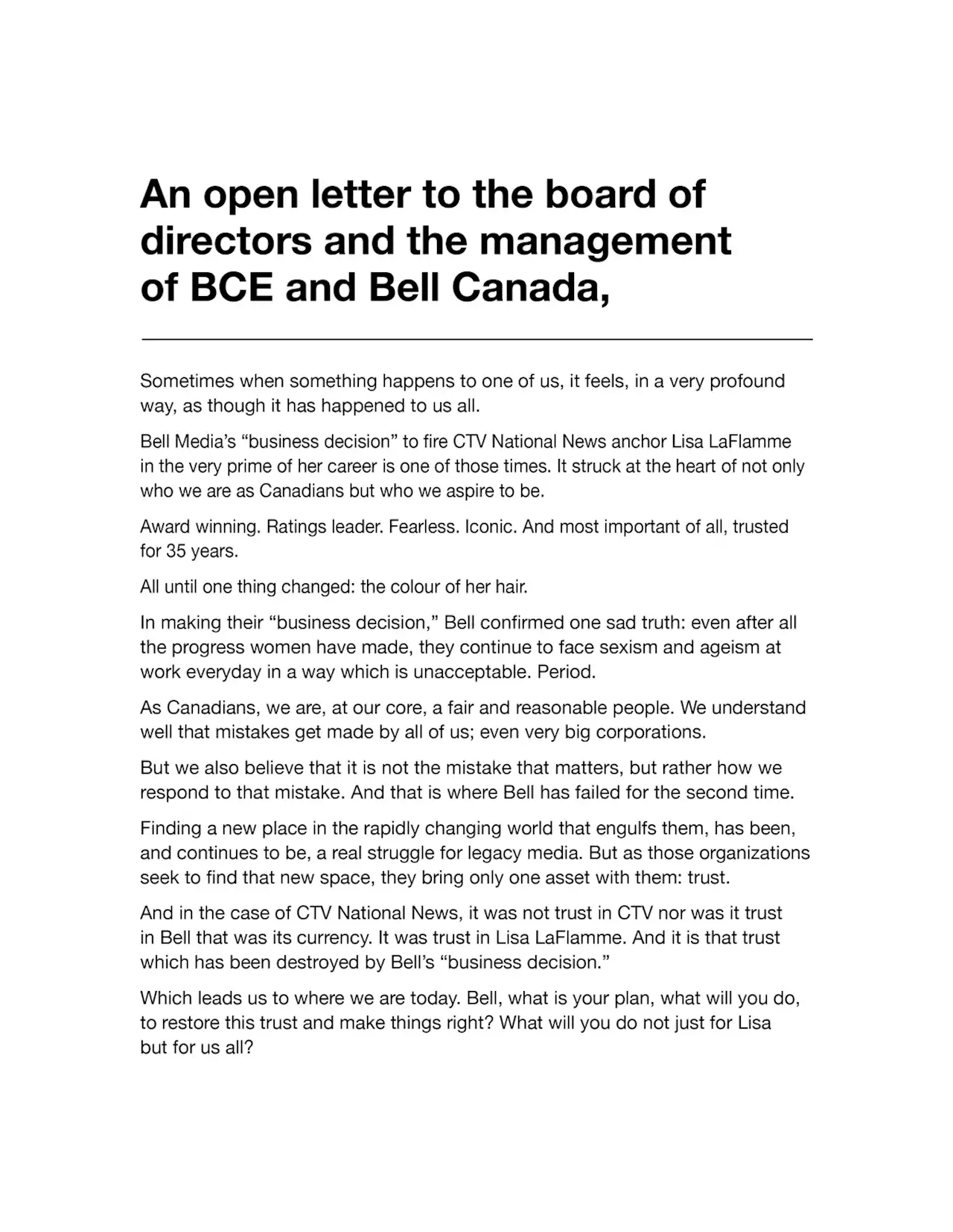 In an open letter, prominent Canadians call on Bell to ‘make things right’ for LaFlamme and the public