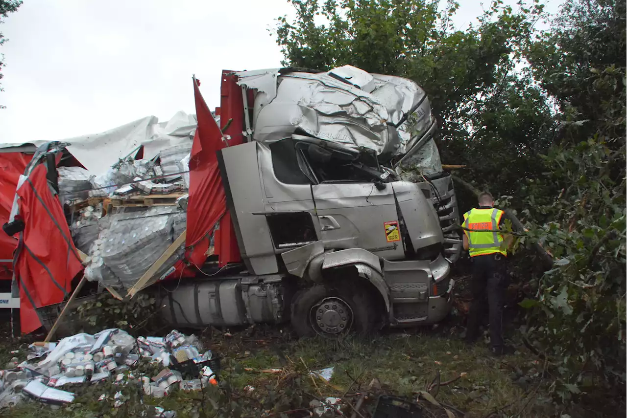 Reifenplatzer! Lkw kommt von Autobahn ab – Hundefutter fliegt durch die Gegend