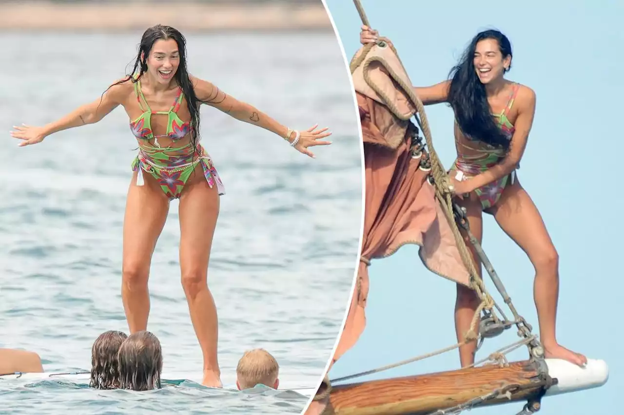 Dua Lipa leaps into the sea, balances on surfboard while laughing with friends