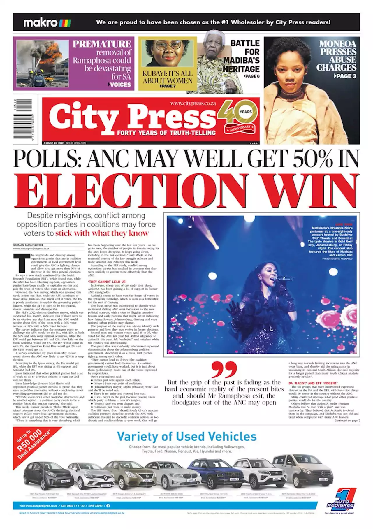 What’s in City Press: Polls: ANC may get 50% plus in election win | Kubayi: It’s all about women, not me | EFF and Gauteng ANC plot to seize metros | Citypress