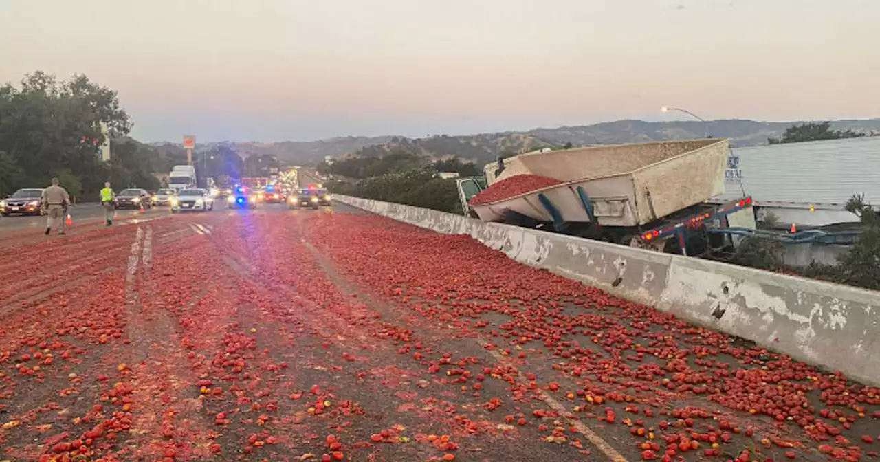 Update: Vacaville big-rig crash dumps hundreds of pounds of tomatoes onto I-80; Lanes shut down