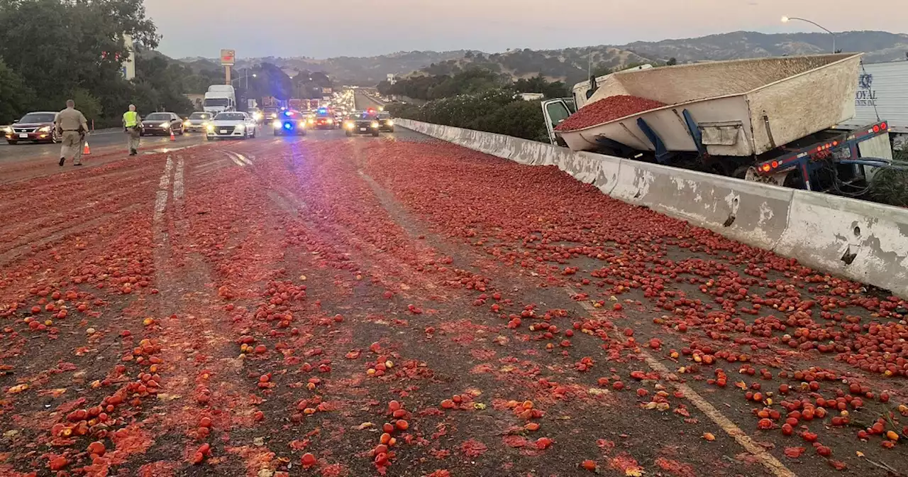 Tomatoes spill onto Interstate 80 after big rig crashes in Northern California