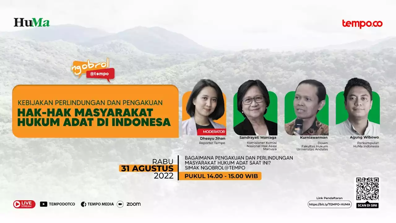 Welcome! You are invited to join a webinar: Kebijakan Perlindungan dan Pengakuan Hak-Hak Masyarakat Hukum Adat di Indonesia. After registering, you will receive a confirmation email about joining the webinar.