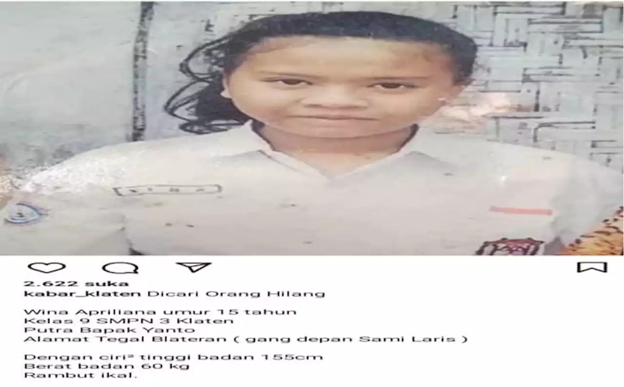 Dicari! Remaja Putri Klaten Menghilang sejak Awal Pekan Ini