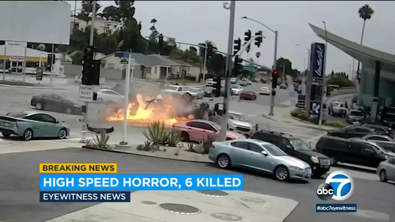 6 killed, 7 injured in fiery crash as car runs light, slams into cross traffic in Windsor Hills