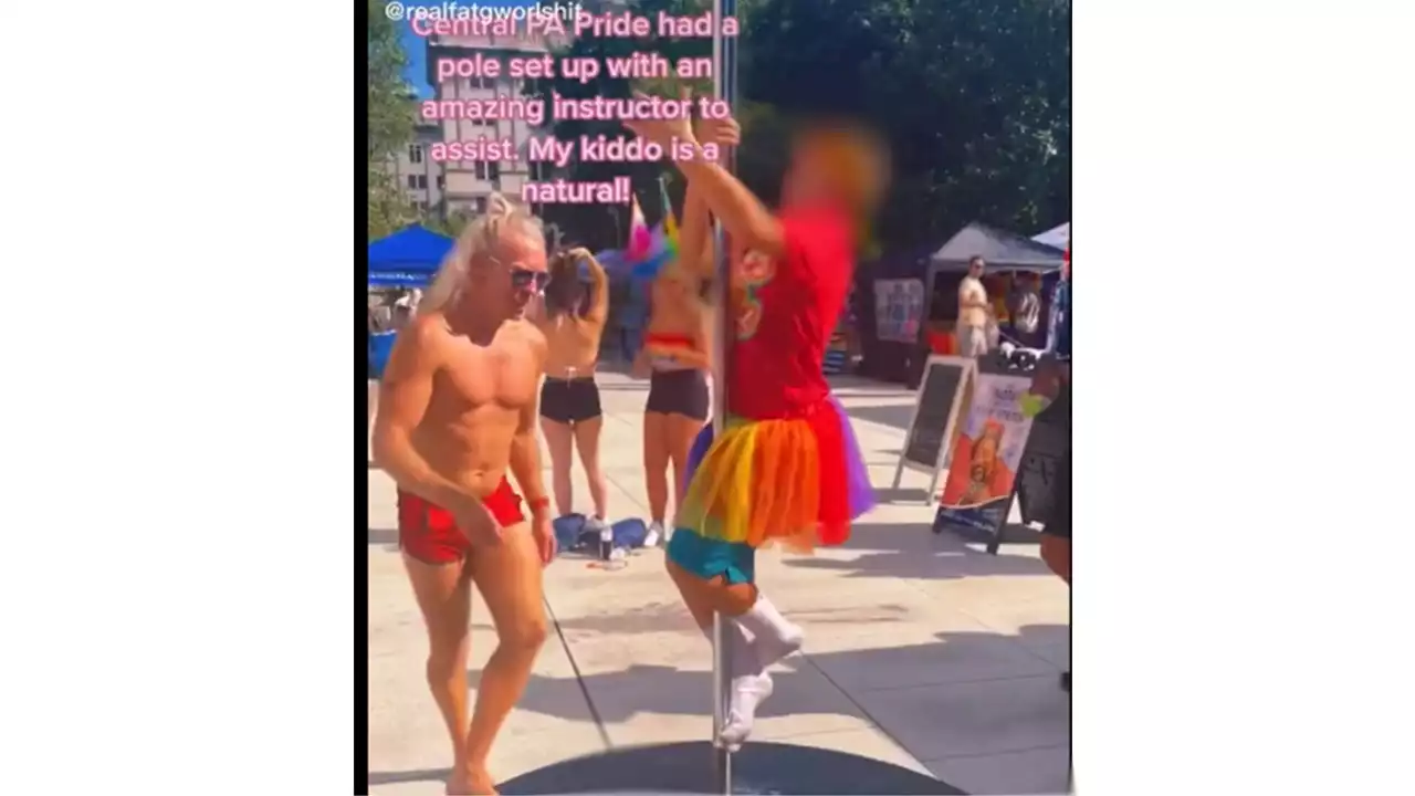 Pennsylvania gay pride event features shirtless instructor teaching children to pole dance