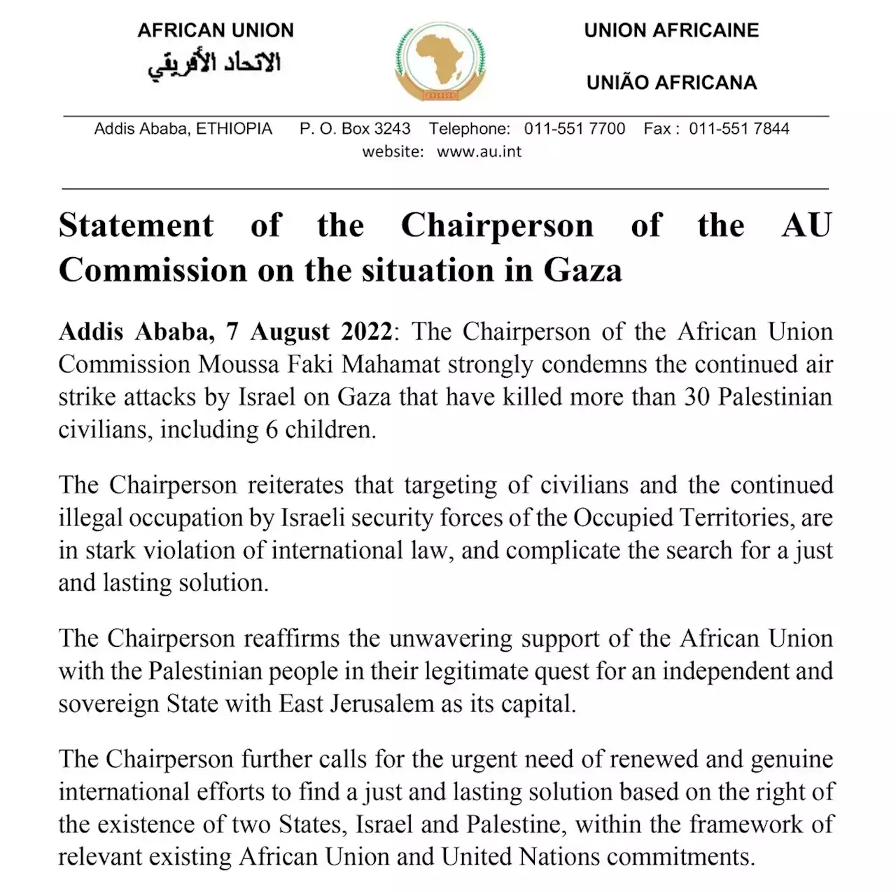 Statement of the Chairperson of the African Union Commission on the situation in Gaza | African Union