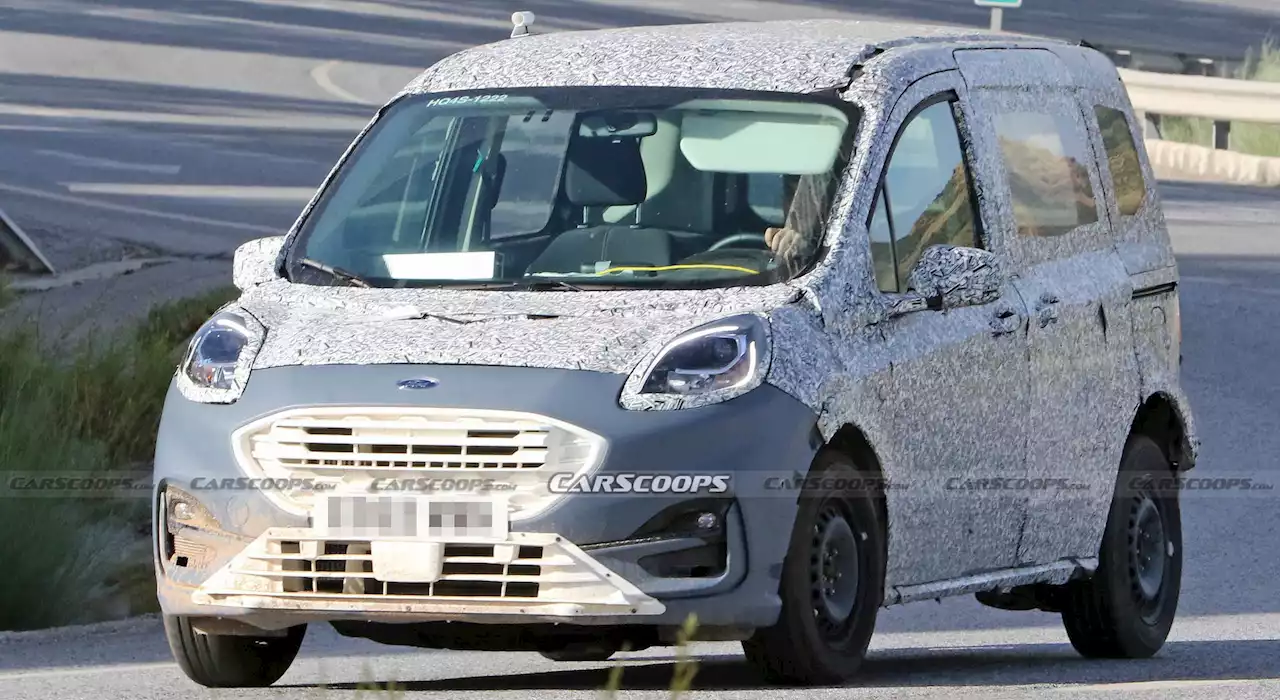 2024 Ford Transit / Tourneo Courier Mule Spotted With Puma Headlights And Stretched Chassis | Carscoops