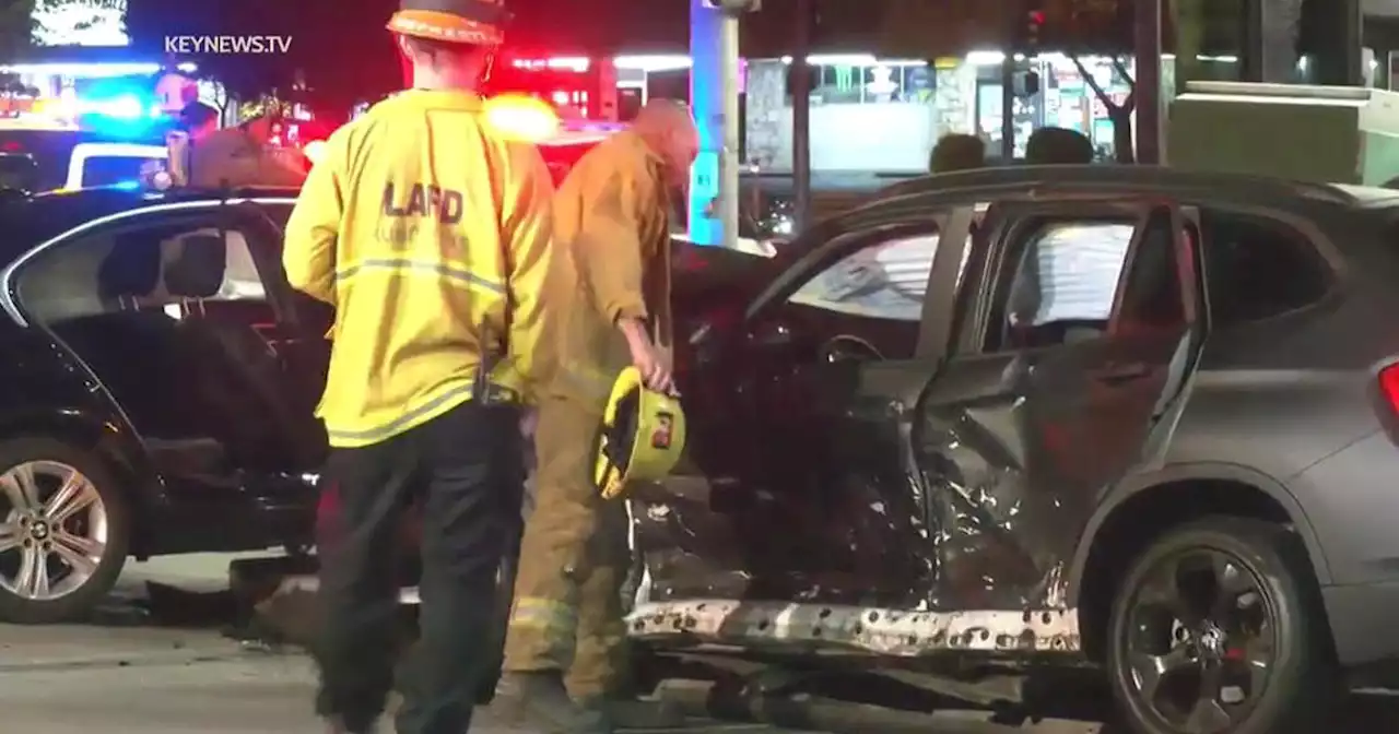 Man cut out of vehicle after violent crash in San Fernando